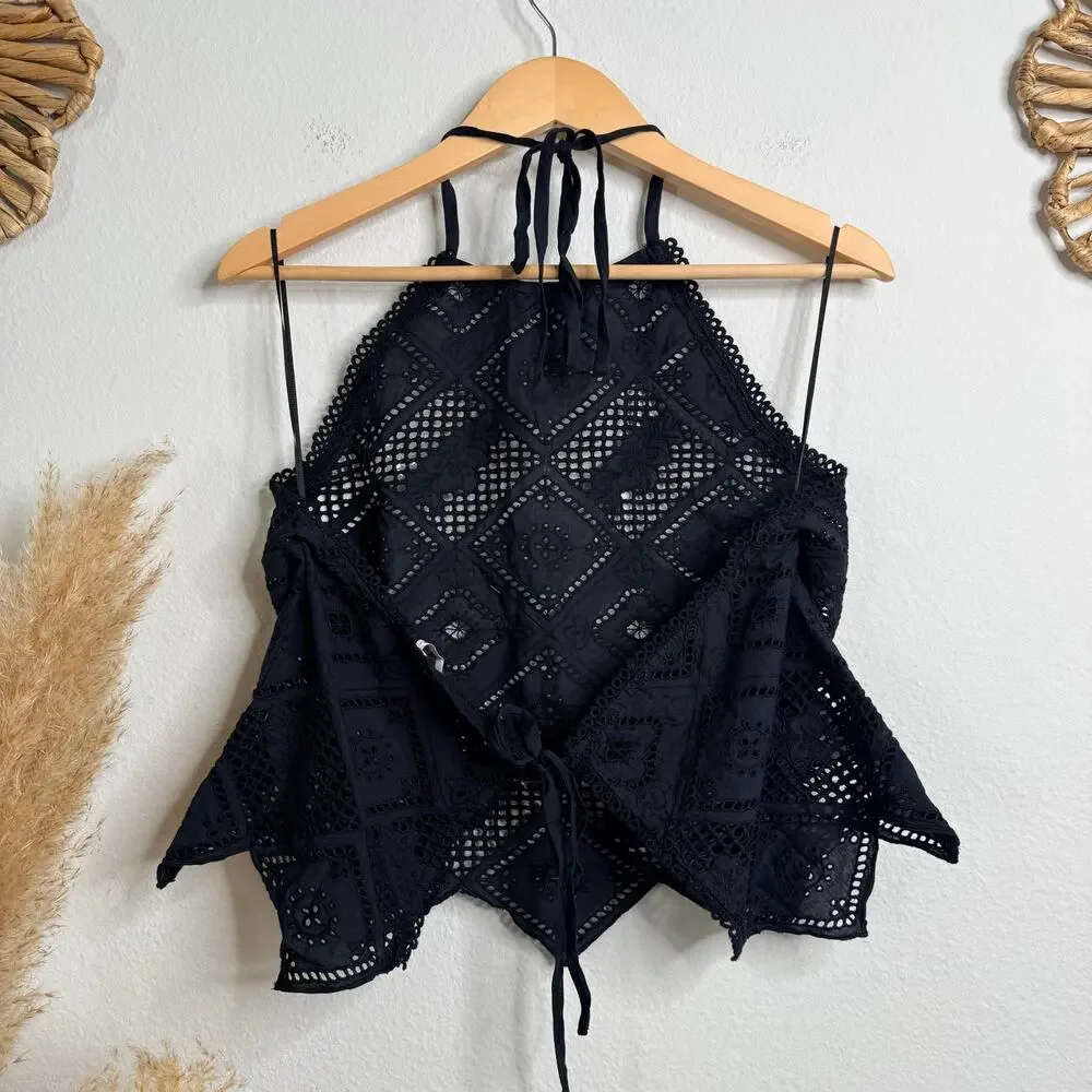 Free People top floral eyelets lace embroidery halter crochet boho XL summer
